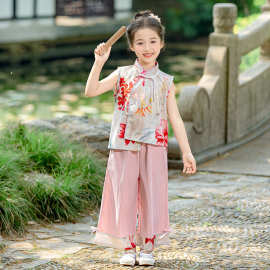 女童汉服套装2025夏季超仙棉麻两件套儿童演出中式唐装旗袍两件套