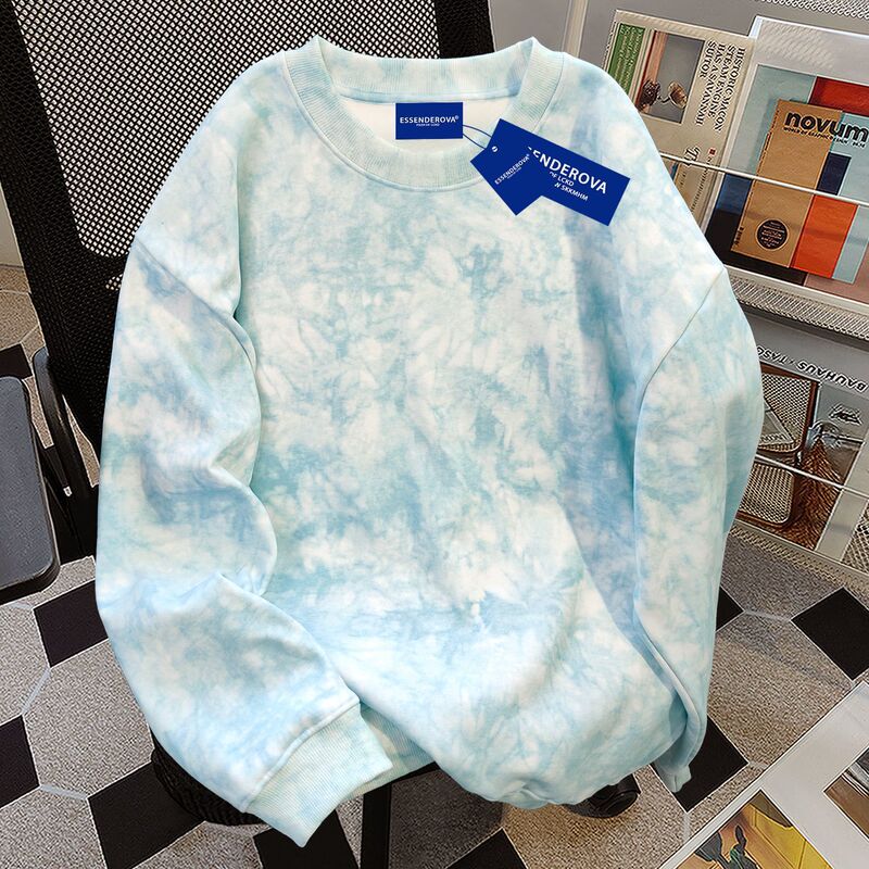 American Trendy Brand Design American Tie-Dye Round Neck Sweatshirt for Men and Women in Autumn and Winter Fleece-Lined and Thickeneded Loose Slimming Look Tops