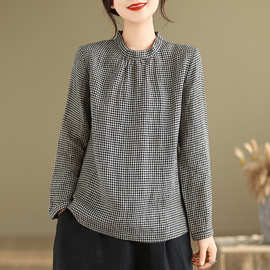实拍2025秋季新款宽松大码女装舒适立领格子文艺复古休闲T恤衬衫