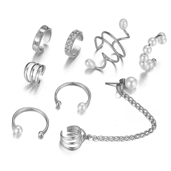 New Hot Selling Creative Imitation Pearl Tassel Ear Clip without Ear Holes Size Pearl Ear Clip suit 8 Piece Set Ear Clip