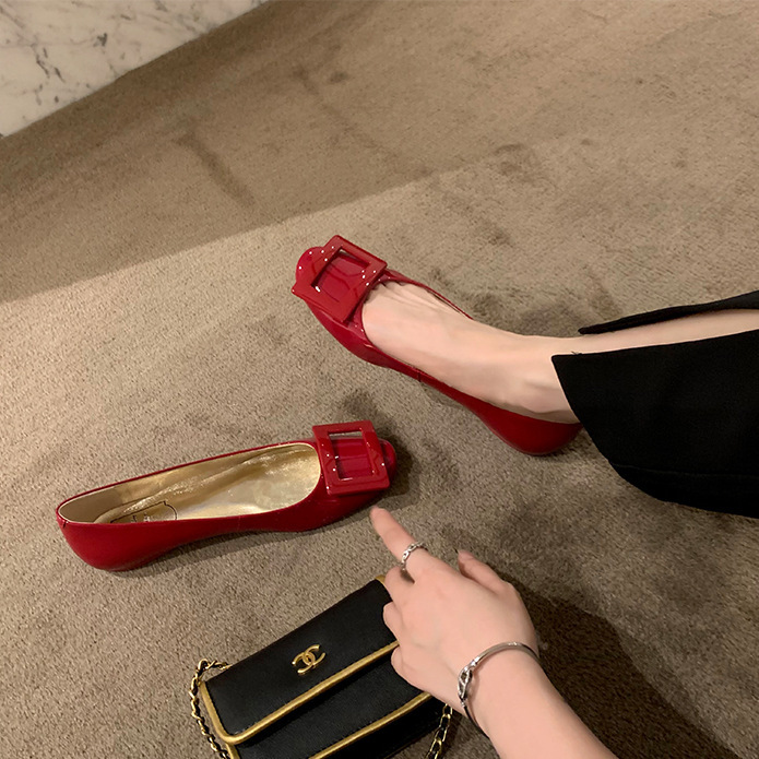 in stock ~ Grape Mom Same Style French Temperament Small Square Buckle Joker Soft Flat Shallow Mouth Daily Single Shoes Women's Autumn and Summer