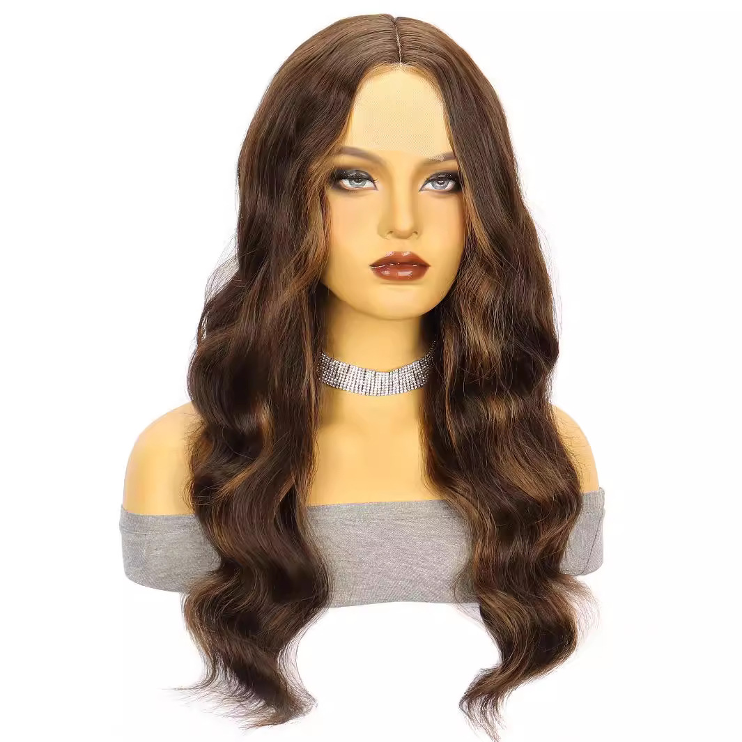 Amazon nuevo marrón onda grande largo rizo pelo de fibra química frente encaje señoras peluca pequeño en stock