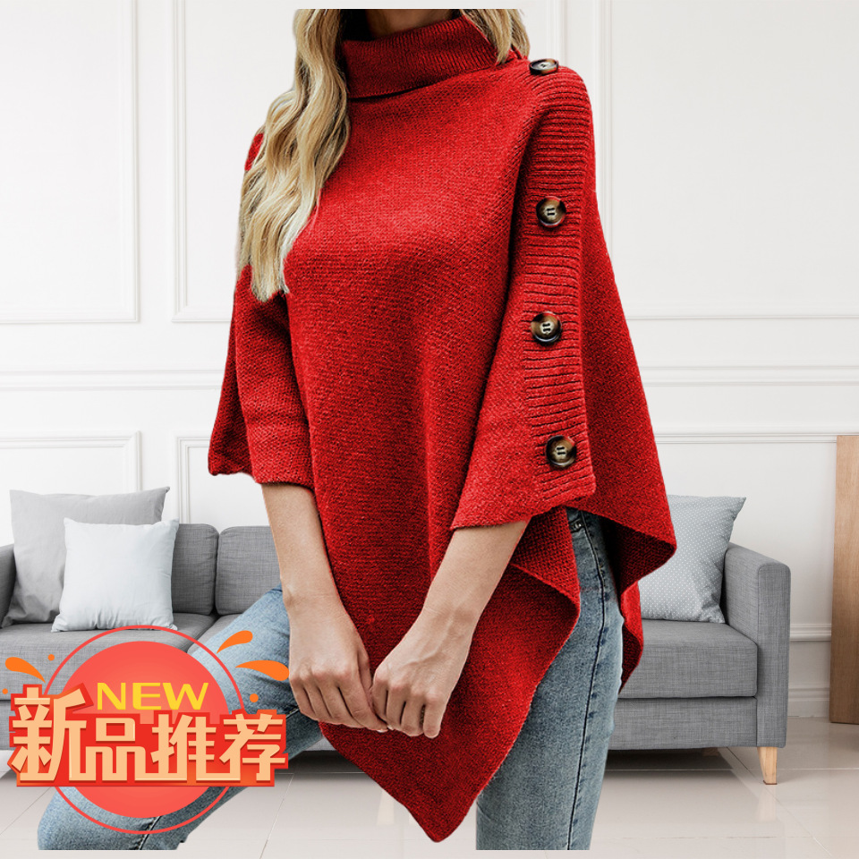 Directo de fábrica europeo y americano transfronterizo otoño e invierno nuevo color sólido cuello alto chal cabo Split suéter abrigo para las mujeres