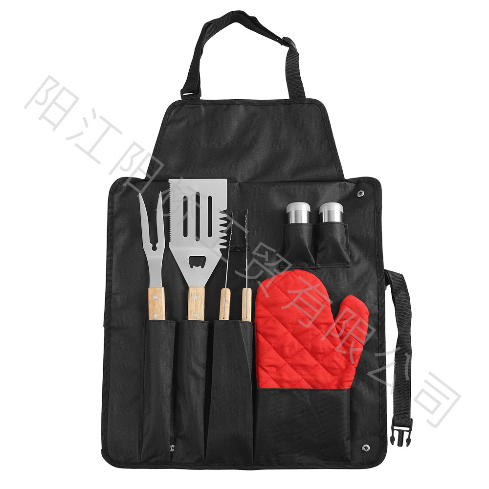 Spot fabricante de herramientas de barbacoa de acero inoxidable al aire libre BBQ mango de madera bolsa de falda clip de horquilla combinación equipo de parrilla juego completo