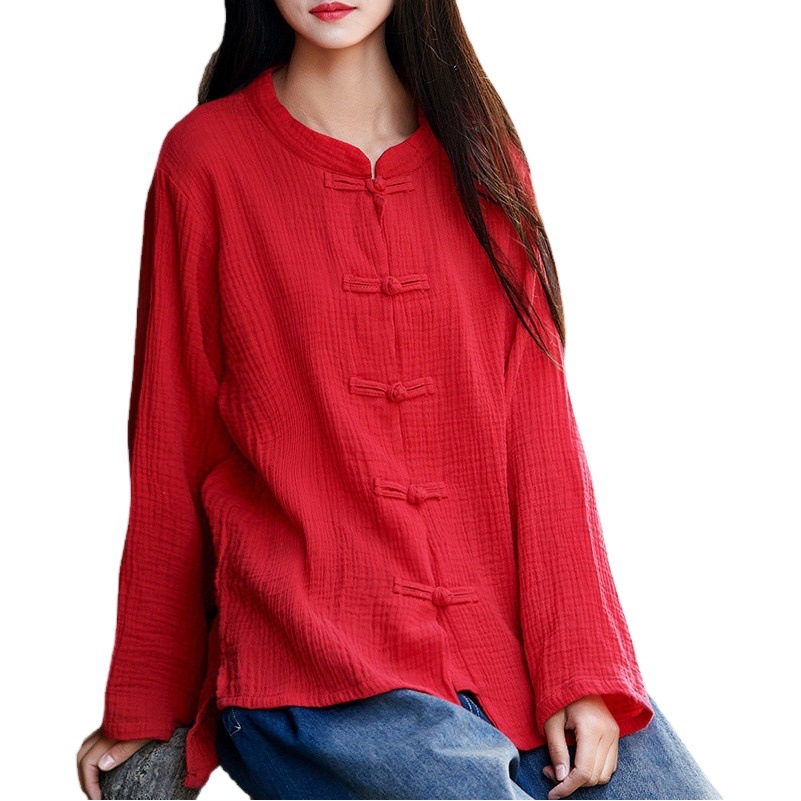 2024 primavera y verano algodón y lino ropa de mujer nianbaixiu spinning vintage Zen stand collar hebilla Top cardigan camisa abrigo