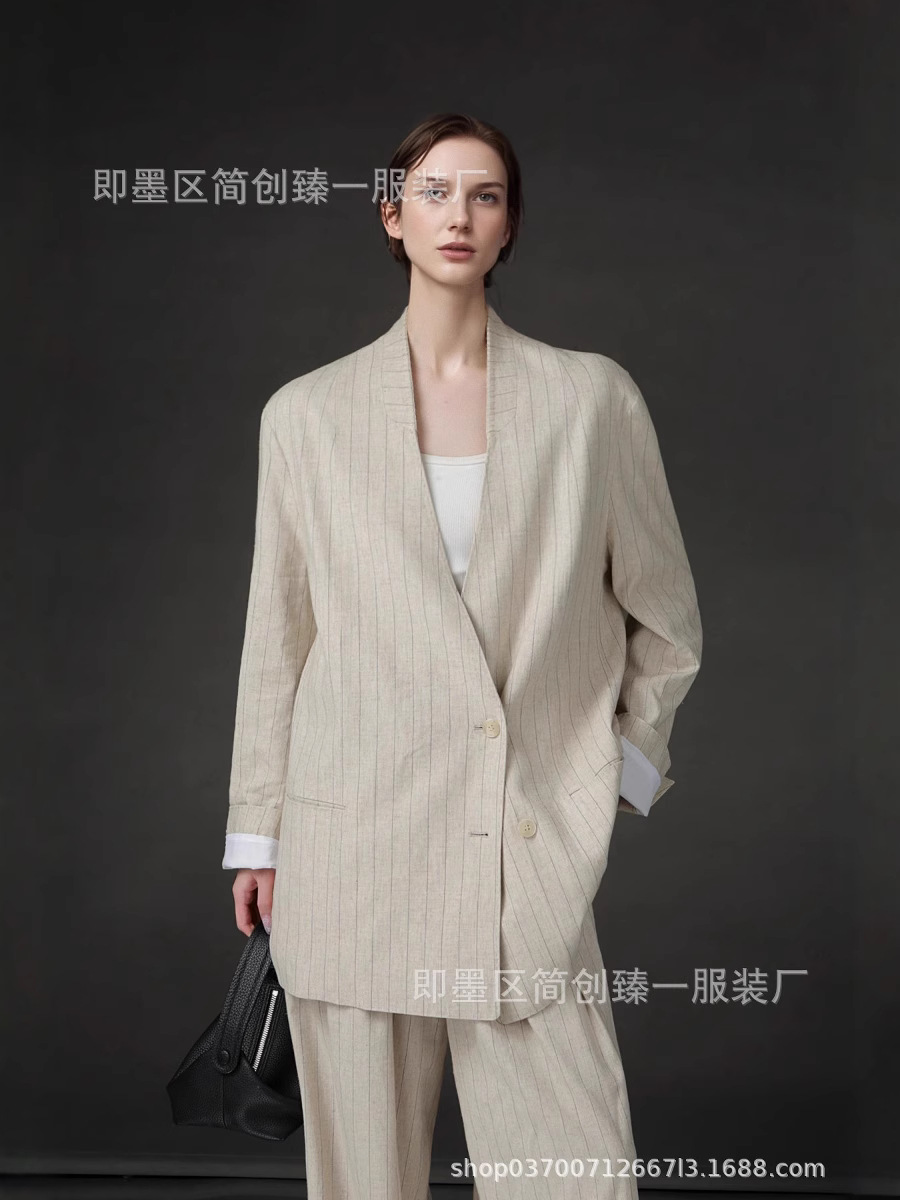 Old Qian Feng Linen Striped Suit Jacket Women's High Set V Neck Lock Edge Small Men's Suit Spring New Fashion
