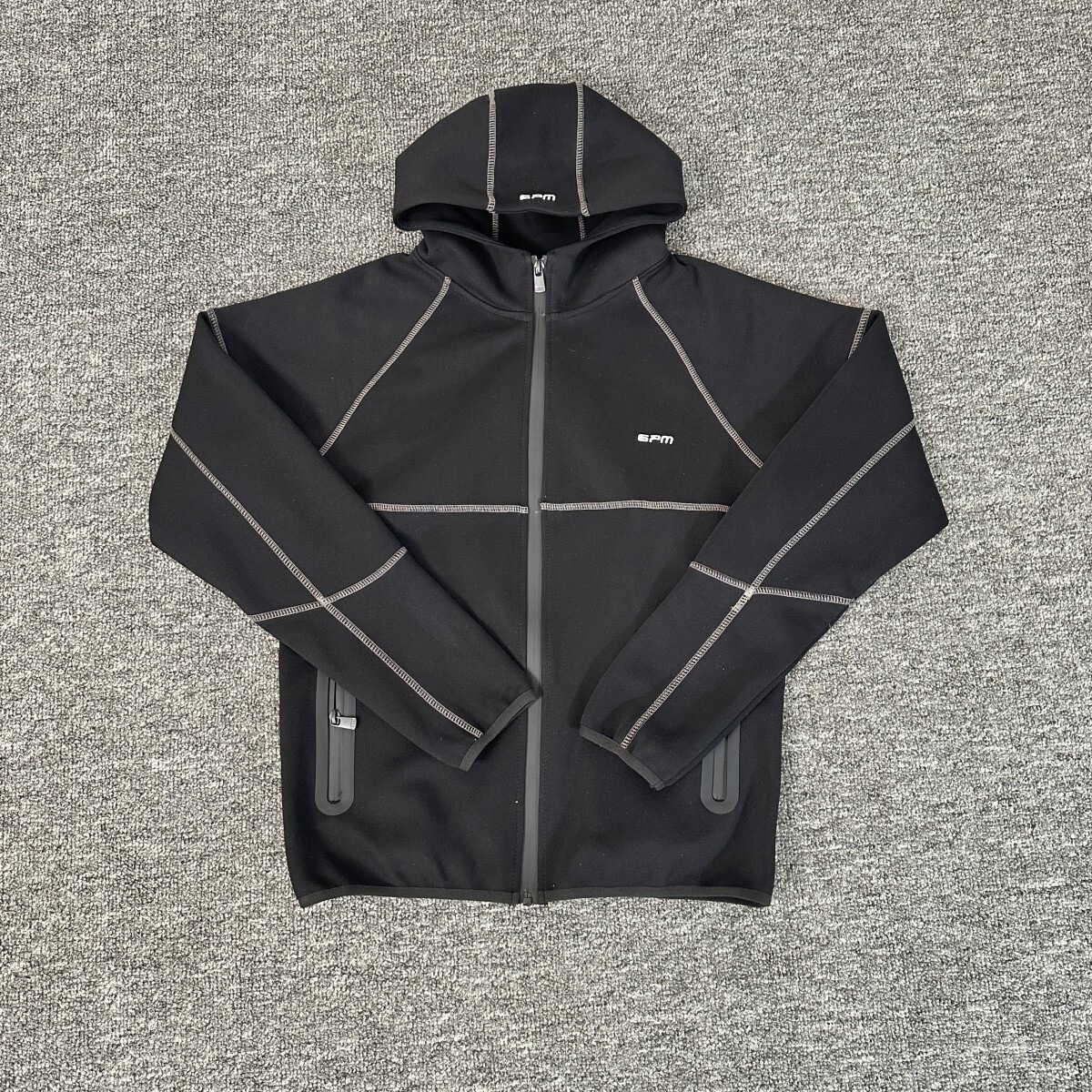 6PM Hooded Jacket Fleece Lined Contrast Stitching Black