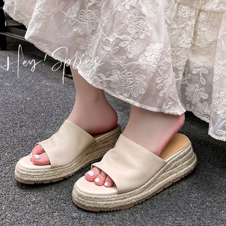 Retro straw summer beach mule wedge heel open toe platform