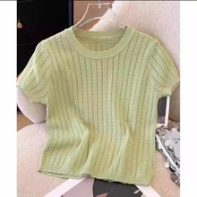 针织衫女短袖2025夏季新款圆领镂空轻薄短款打底设计感纯色上衣女