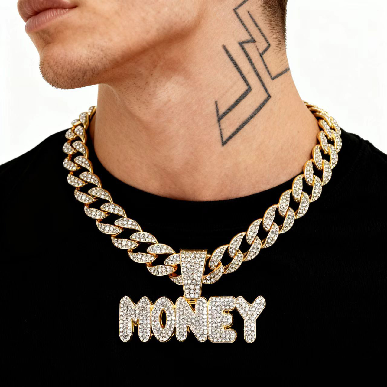Nicho para hombres aleación ecológica hip-hop calles viento lleno de letras de cadena MONEY personalidad masculina collar cubano