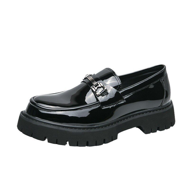 Giày lười nam da PU đế dày kiểu Anh, giày moccasin trơn đầu tròn — A0137 bề mặt đen bóng, A0137 màu đen, A0137 trắng đen