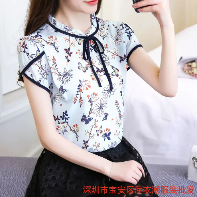 夏季短袖休闲雪纺T恤衫女宽松碎花系带印花上衣显瘦女士衬衫时尚