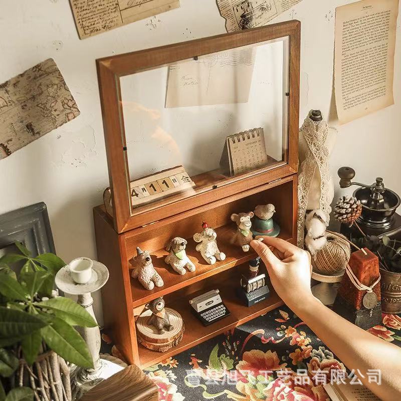 デスクトップマークカップ収納ケースガラス茶器展示棚化粧品棚口紅防塵木製蓋付き|undefined