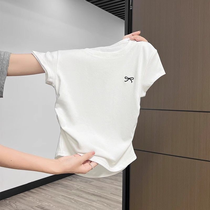 KR105、白いしわが腰のプリントtシャツの女性の純粋な欲望の丸首の正肩の半袖の夏の小さい飛袖の短いタイプは修理します。|undefined