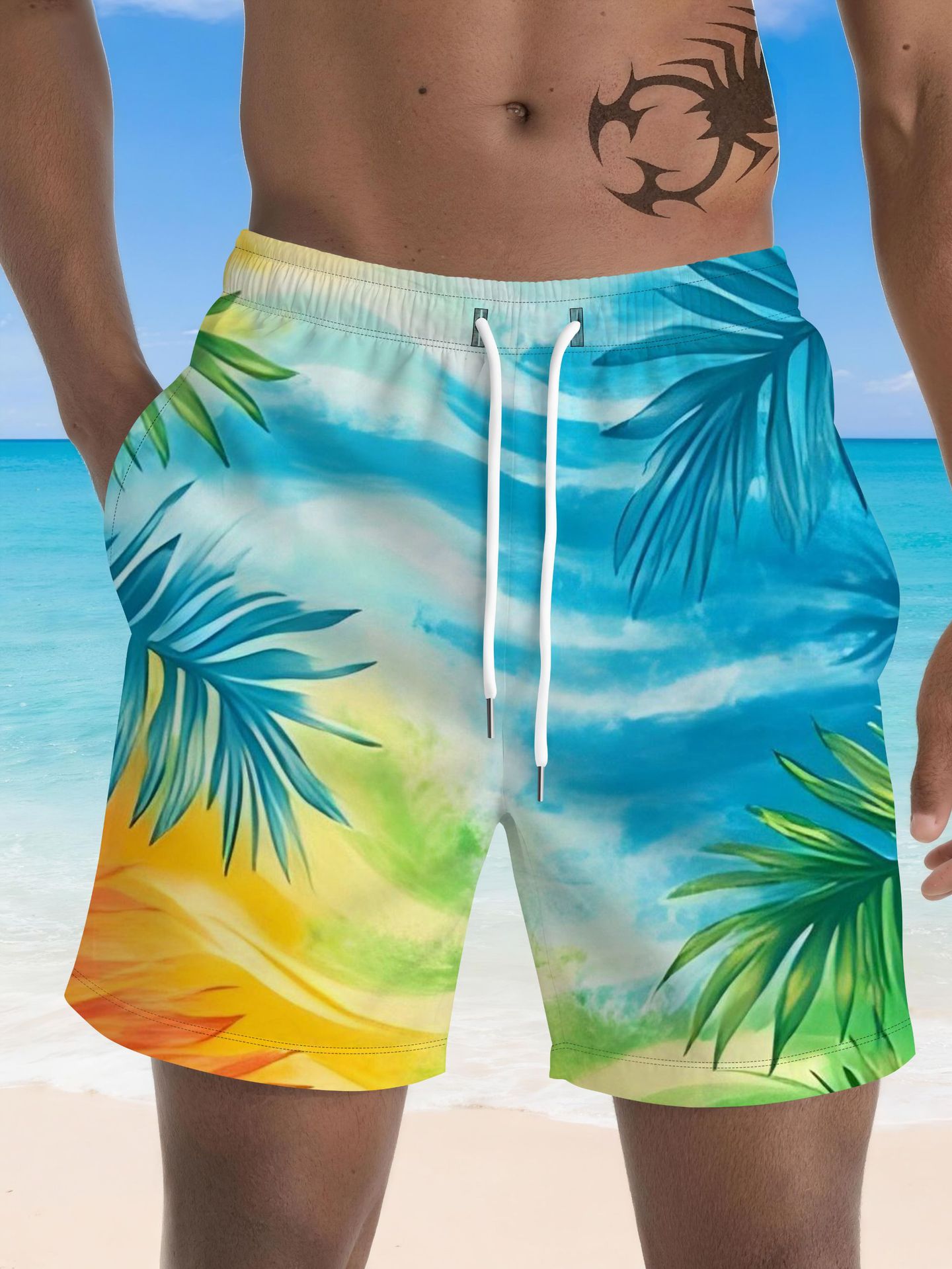 Men's 3D Digital Print Quick-Dry Shorts Tropical Palm Tree Design Summer Beach Swim Trunks_viptrois.com