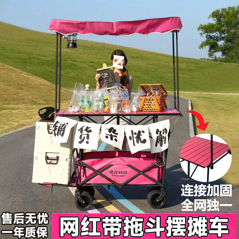 Foldable Handcart for Street Vending, Night Market Stall, Liftable Outdoor Camping Cart with Sunshade Canopy