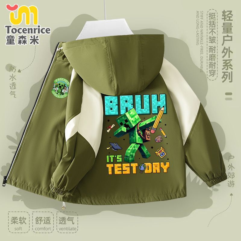 Minecraft Creeper-Themed Soft Shell Fleece-Lined Jacket for Boys and Girls, Suitable for Older Children