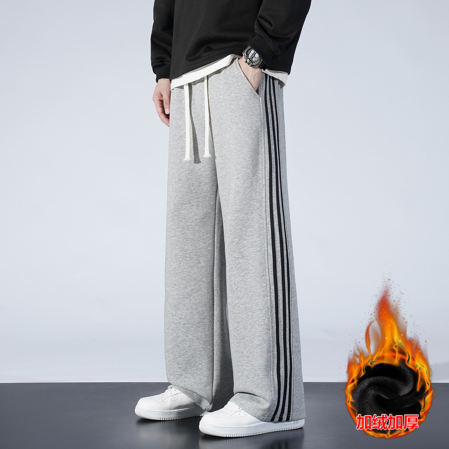 Transfronterizo de moda deportiva americana con pantalones de terciopelo, pantalones casuales rectos sueltos, primavera, otoño y invierno, pantalones grises de tres tiras image 11