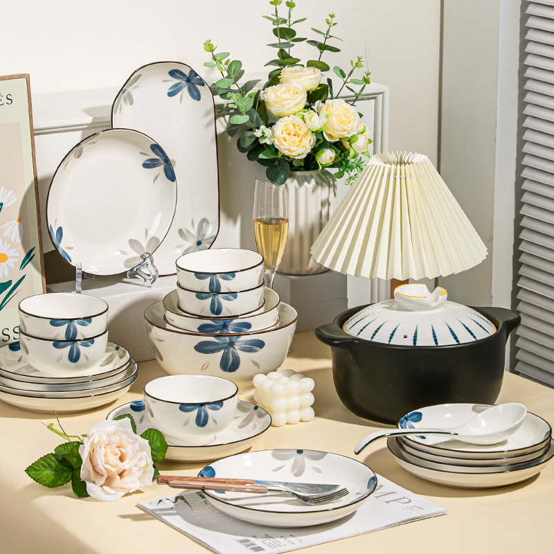 Bowl plate tableware Japanese ceramic tableware printing craft bowl rice bowl noodle bowl soup bowl simple high face bowl chopsticks Rice Bowl