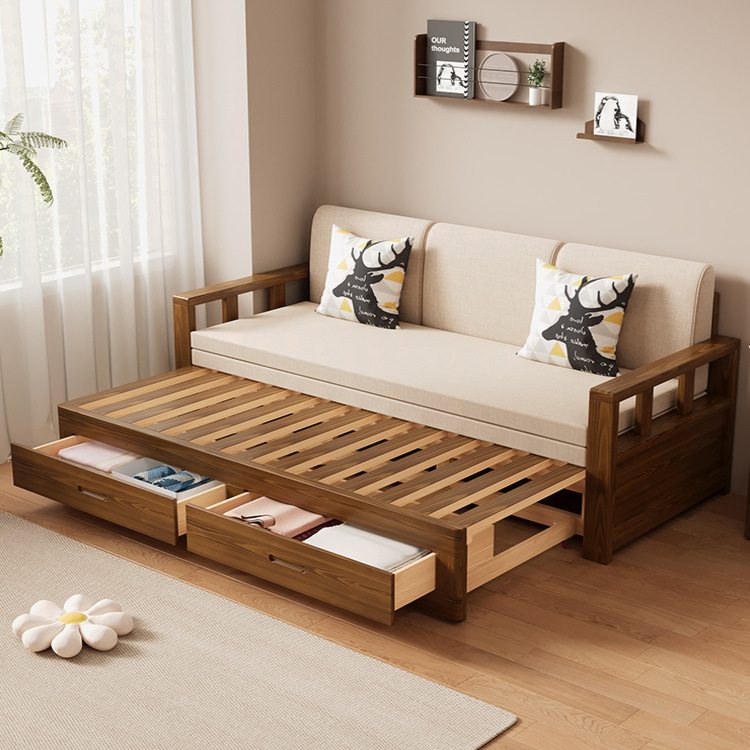 Solid Wood Sofa Bed, Foldable and Push-Pull, Chinese-Style Luohan Bed, Extendable, Small-Sized Living Room Storage, Natural Wood Sofa L&