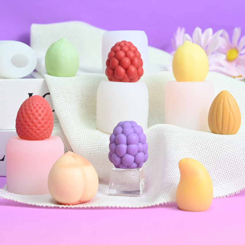 3D草莓水果捏捏硅胶模具芒果桃子棒棒糖模具树莓覆盆子巧克力磨具
