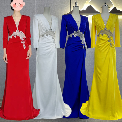 2025 New Arrival Mid-Length Sleeve Evening Gown for Banquets, Annual Meetings, Arts Exams, and Hosts—Slimming, Elegant, Simple, and Figure-Slimming Design for Autumn