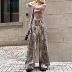2025新款美式复古豹纹阔腿裤女新款直筒显瘦辣妹休闲裤宽松拖地