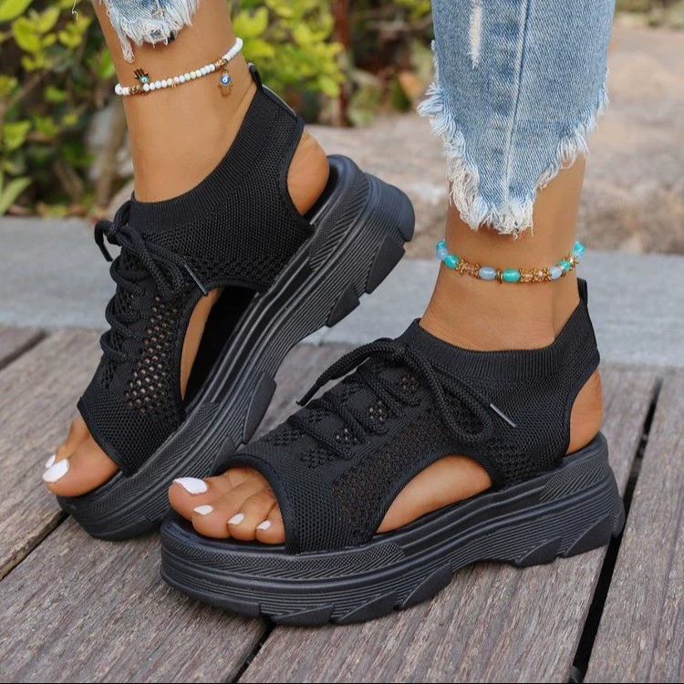 Женские летние сандалии в римском стиле, 2025 года, из ткани «летучая ткань», с круглым носком, на платформе с толстой подошвой, на шнуровке спереди, однотонные, повседневные, для внешней торговли.