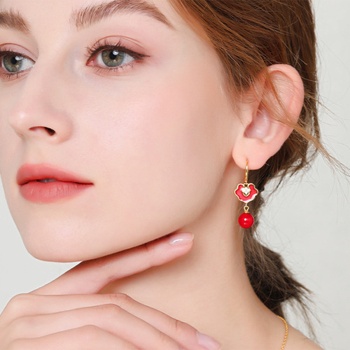 Guochao Silver Earrings with Red Oil Drip, Diamond Inlay, and Pearl Drops - Simple and Elegant Christmas and New Year Earrings for Women