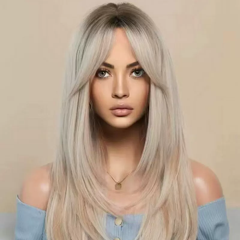 定制欧美仿真假发女 整顶全头套中分长发 金色长直发女套头式假发