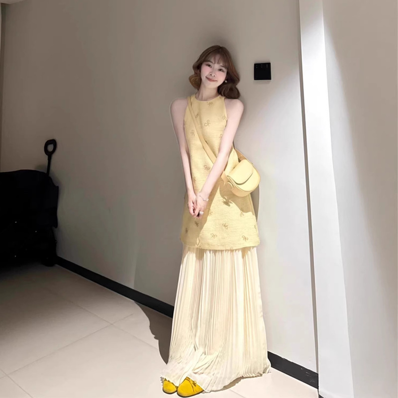 French-Style Faux Two-Piece Chanel-Inspired Dress for Women, Summer Light Luxury High-End Feel, Seaside Vacation Elegant Long Dress That Reaches the Ankles