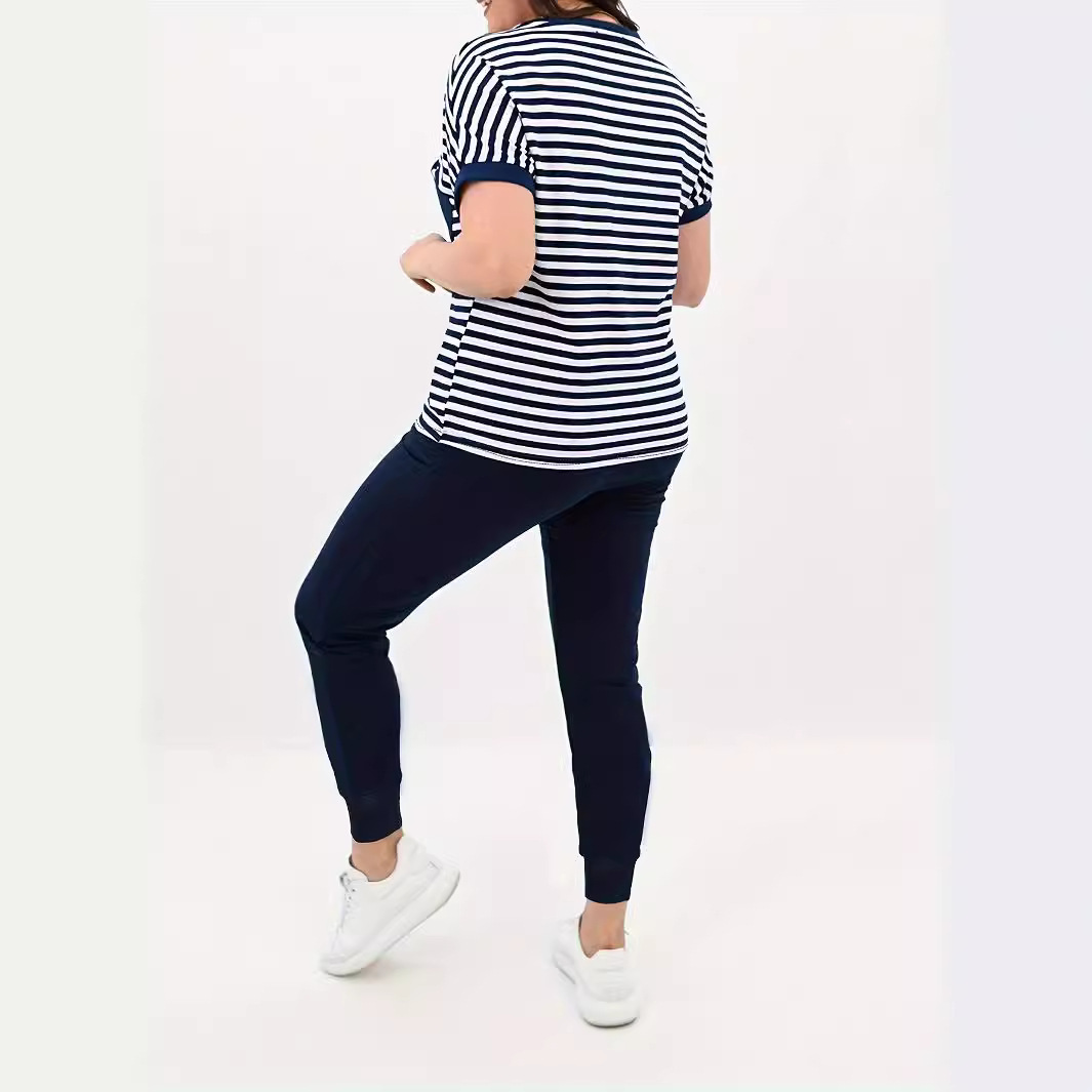 Women's Striped Casual Top Two Piece Set with Solid Color Pocket Slim Fit Trousers Short Sleeved Top Elastic Waist_voghion.com