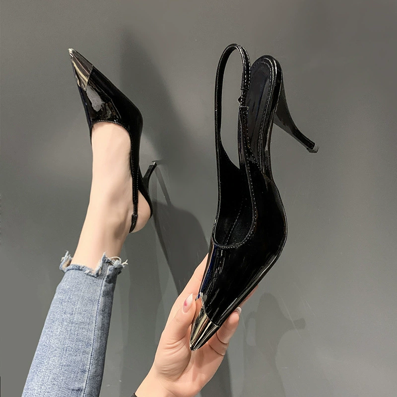 High-heeled low-cut sandals, summer slingback 6/9 cm heel, black patent or cashmere, sizes 35–40