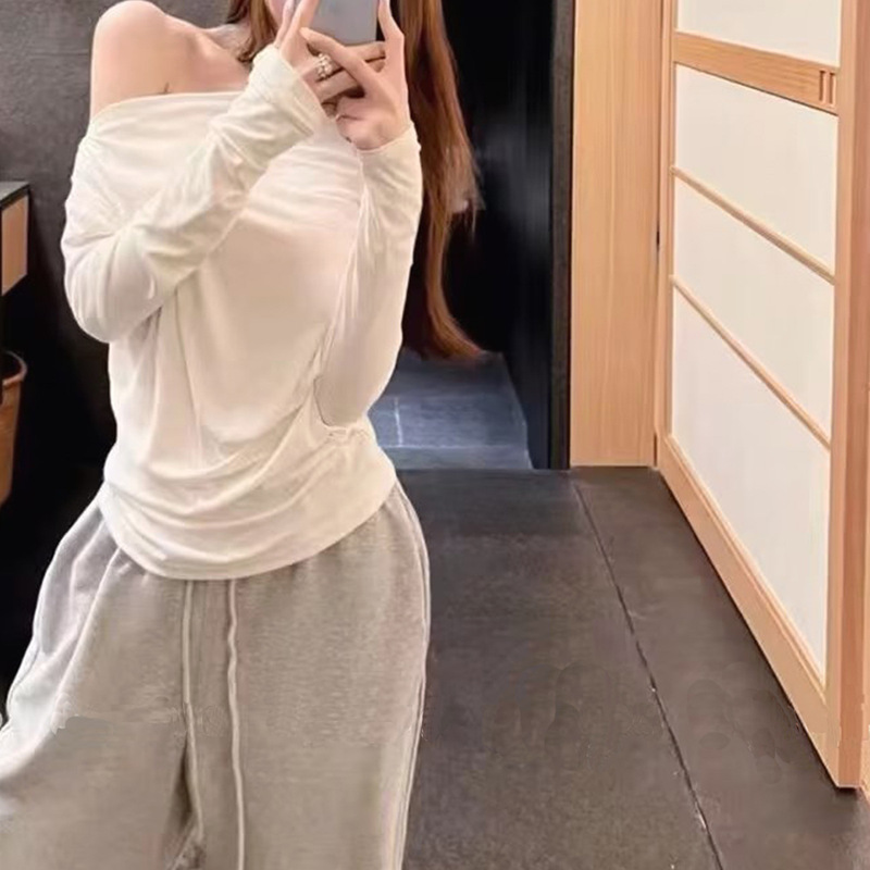 European and American Pure Desire Spice Girl Collarbone Killer Asymmetric Slant Collar Long Sleeve T-shirt Female Girl Sexy Beveled Hem Top