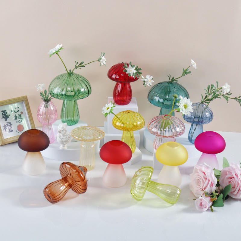 Mushroom Vase Ins Style Hydroponic Creative Glass Ornaments Green Plant Flower Arrangement Decorative Aromatherapy Bottle High-End Utensils
