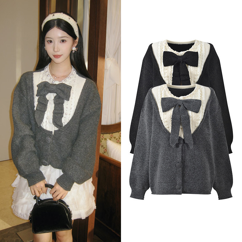 2025 Fall/Winter New Hepburn Style Pearl Lace Trim Bow Decorated Round Neck Knit Cardigan Top 2025 Fall/Winter New Hepburn Style Pearl Lace Trim Bow Decorated Round Neck Knit Cardigan Top