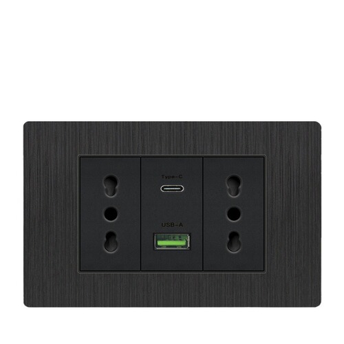 Type 118 PC brushed black Italian standard switch panel dual USB+type-c Italian 3-hole three-plug power socket dark