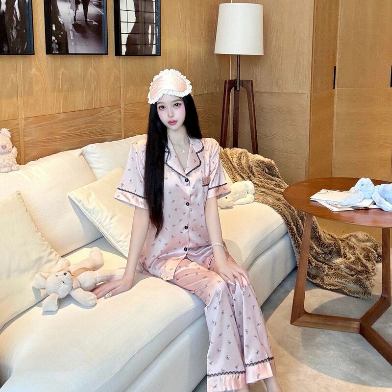 Women's Summer New Style Pajamas, Ice Silk Short-Sleeve Long Pants Set, Pink, High-End Feel, Cool and Suitable for Going Out, Fashionable Loungewear