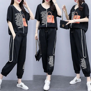 In stock plus size women's clothing fat summer wear cover belly foreign style age-reducing slimming two-piece casual fashion suit