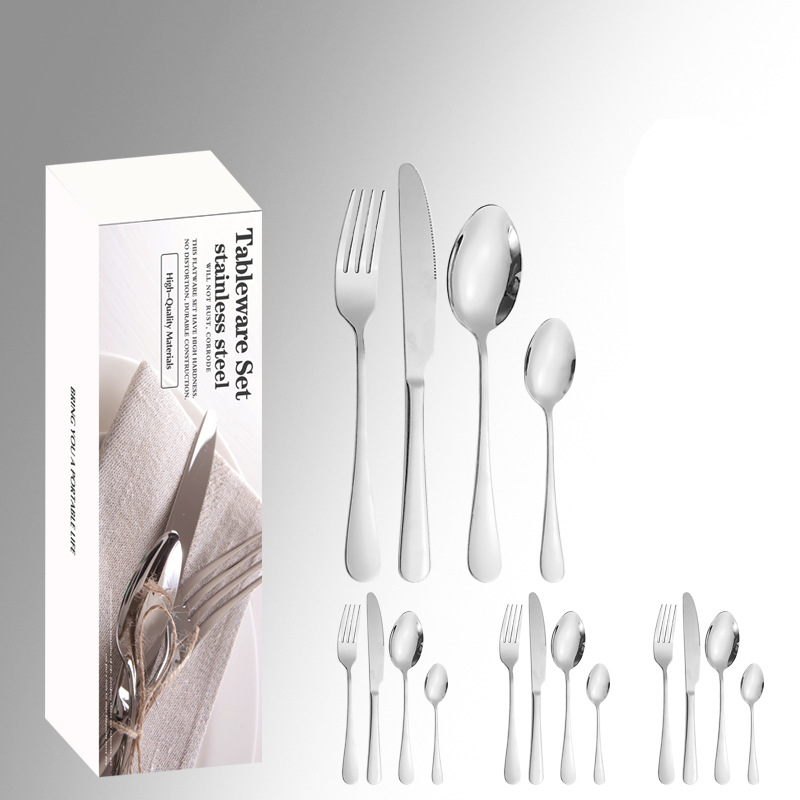 Amazon productos calientes de acero inoxidable vajilla 24 unidades traje 1010 cuatro piezas principales caja simple comida occidental cuchillo, tenedor y cuchara