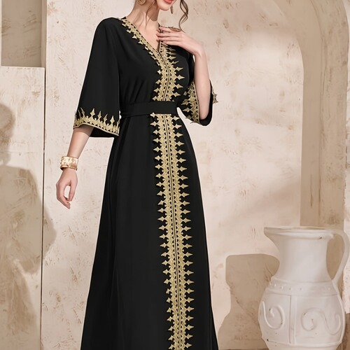 Bestselling Heavy Duty Gold Thread Embroidered Edge Elegant Black Belt Long Dress Middle Eastern Cover-up