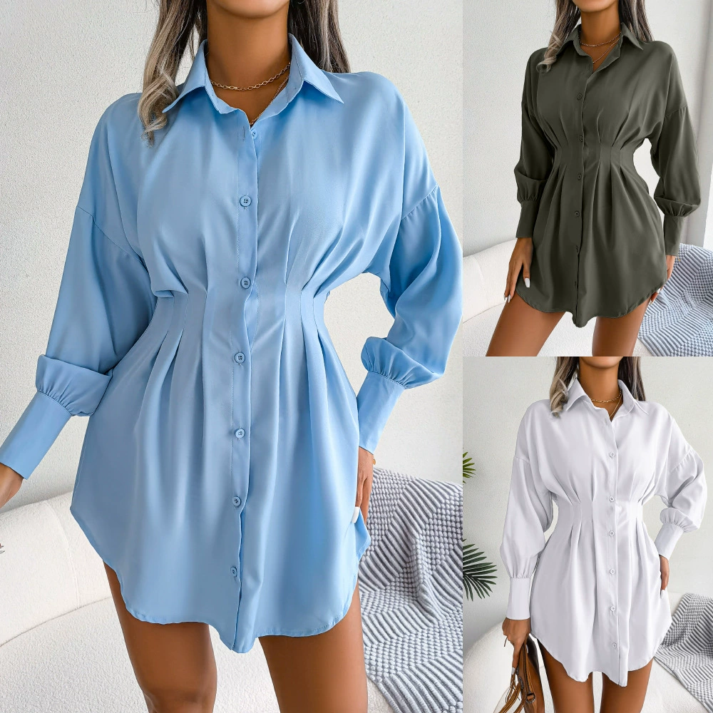 Ins style real shot of spring and summer casual lantern sleeves, waist cinched asymmetrical dress, shirt skirt, women's clothing