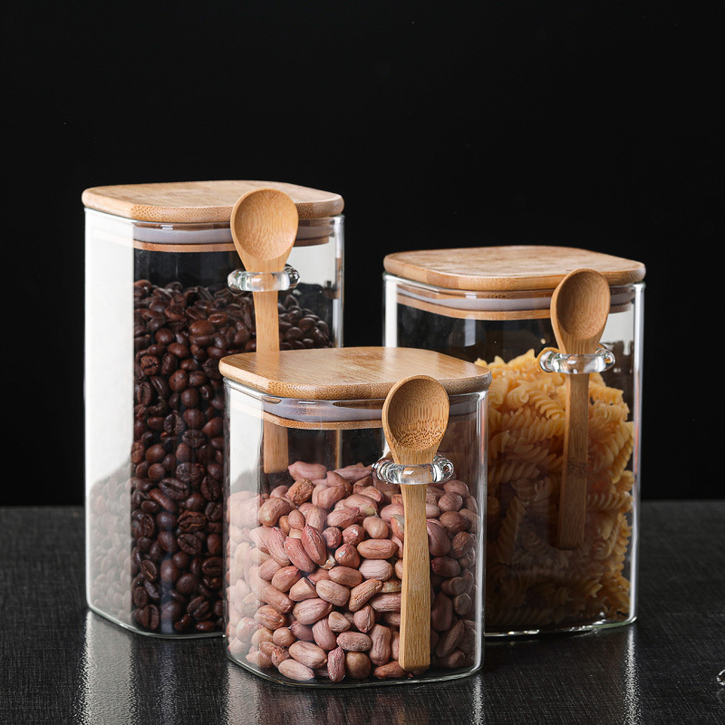 Wholesale Square Glass Sealed Jar Creative Storage Jar with Spoon Seasoning Food Dried Fruit Storage Bottle Tea Jar