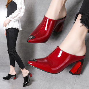 Baotou High Heels Women's European and American Women's Fashion Casual Slip-on Lazy Elegant Fashion Slippers Cross-border Thick Heel Shoes