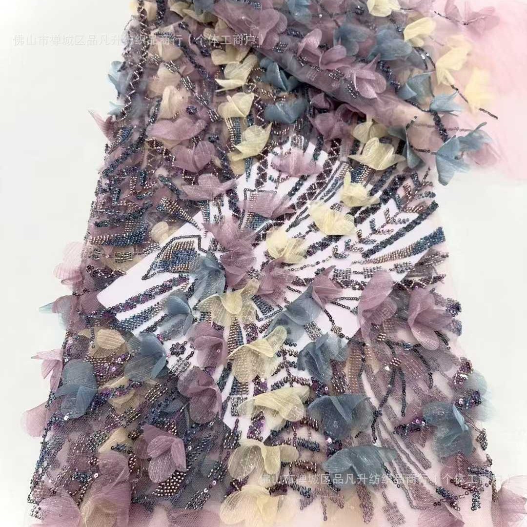 Multicolor decalco tridimensional bordado tela flor pluma tela tela de malla alta fijación vestido de boda vestido de tela image 1
