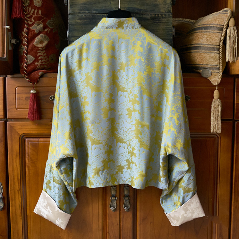 Abbigliamento da donna molto elegante N merci floreale jacquard giada bottone colletto alto seta elegante giacca chic_voghion.com