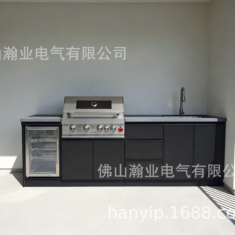 Villa Outdoor Cabinets Custom-Made Barbecue Kitchen with Grill and Refrigerator Integrated Set Black Stainless Steel Cabinets Villa Outdoor Cabinets Custom-Made Barbecue Kitchen with Grill and Refrigerator Integrated Set Black Stainless Steel Cabinets