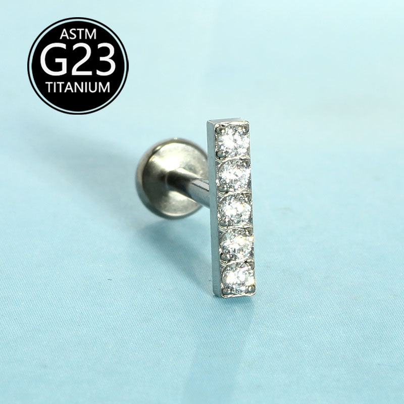 G23 Titanium Inner Tooth Straight Bar Lip Stud Zircon Ear Bone Stud 1.2mm Internal Screw Piercing Jewelry detail image 5