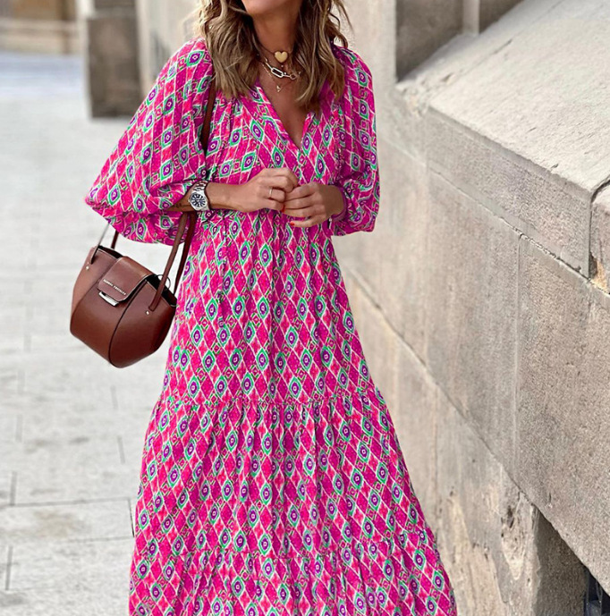 Women's Ruffled Skirt Fashion V Neck Printing Long Sleeve Flower Maxi Long Dress Daily display picture 6