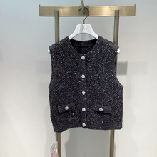 现货2025秋季新款法式气质时髦亮丝小香风无袖针织开衫 1GA130091